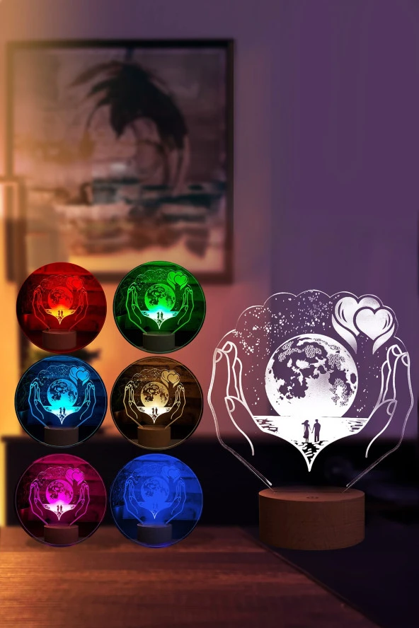 BY-LAMP Aşk Ellerindeki Gezegen Figürlü Dekoratif Hediye Led Masa Lambası | 7 Işık Rengi | Ahşap Taban - Resim 2