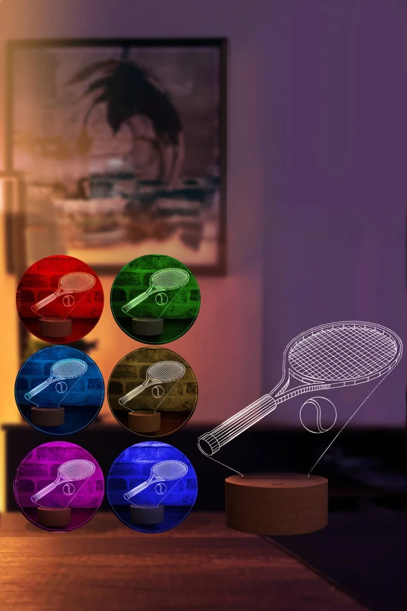 BY-LAMP Tenis Raketi Figürlü Dekoratif Hediye Led Masa Lambası | 7 Işık Rengi | Ahşap Taban - Resim 2
