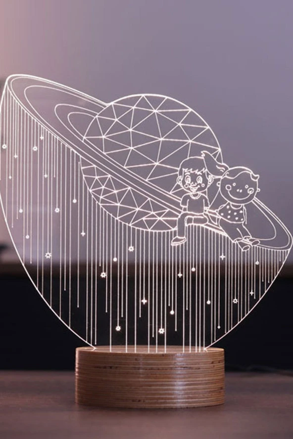 BY-LAMP Satürn Kız Ve Erkek Figürlü Dekoratif Hediye Led Masa Lambası | 7 Işık Rengi | Ahşap Taban ürün görseli 1
