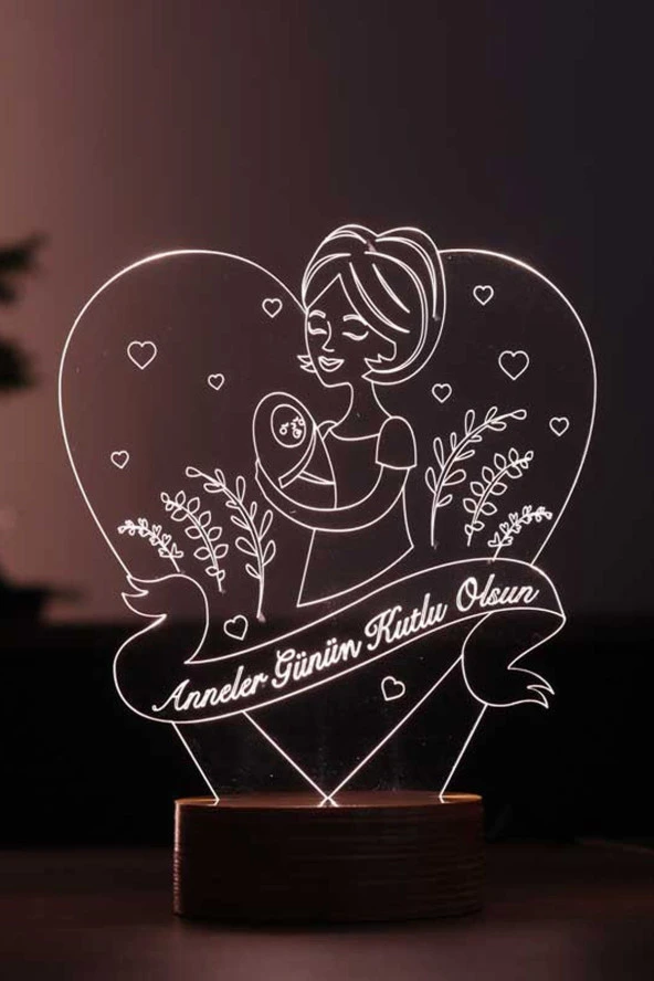 BY-LAMP Anneler Günü Hediyesi. Anneler Günün Kutlu Olsun Yazılı Kalp Figürlü Led Masa Lambası - Ahşap Taban ürün görseli 1