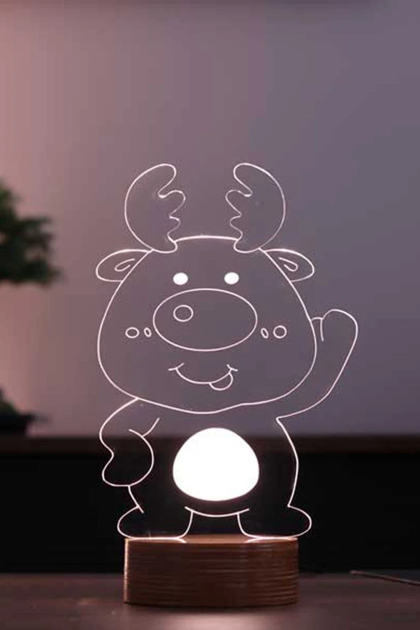 BY-LAMP Sevimli Geyik Figürlü Dekoratif Hediye Led Masa Lambası | 7 Işık Rengi | Ahşap Taban ürün görseli 1