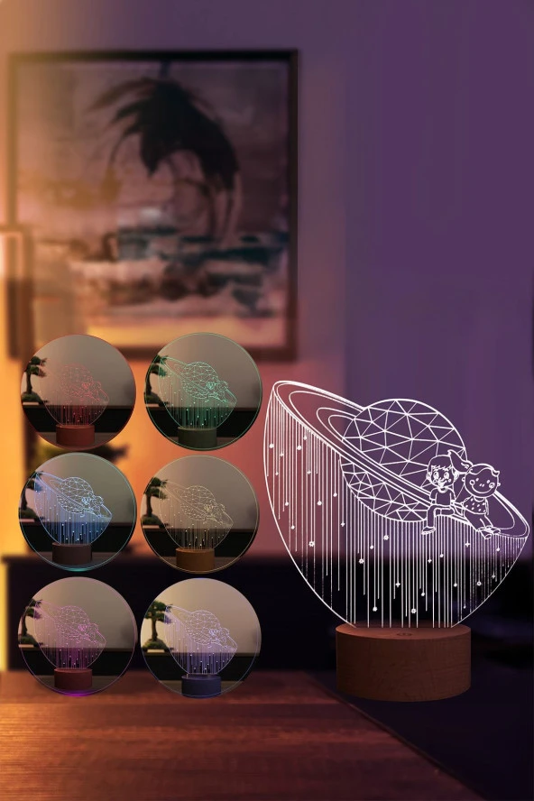 BY-LAMP Satürn Kız Ve Erkek Figürlü Dekoratif Hediye Led Masa Lambası | 7 Işık Rengi | Ahşap Taban - Resim 2