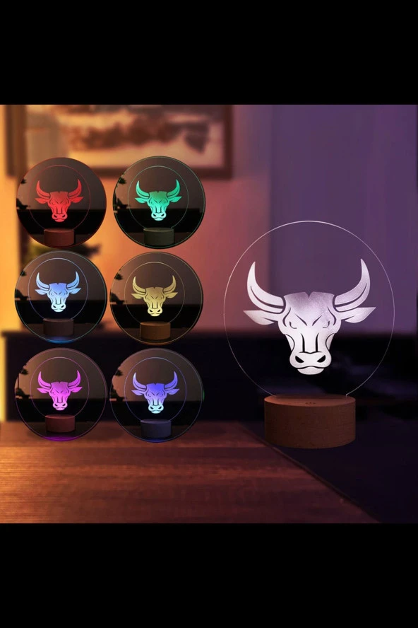 BY-LAMP Boğa Figürlü Dekoratif Hediye Led Masa Lambası | 7 Işık Rengi | Ahşap Taban - Resim 2