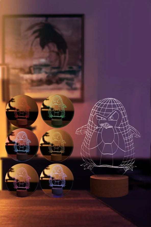 BY-LAMP Penguen Figürlü Dekoratif Hediye Led Masa Lambası | 7 Işık Rengi | Ahşap Taban - Resim 2