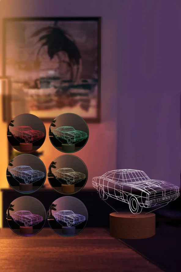 BY-LAMP Dodge Charger 1968 Figürlü Dekoratif Hediye Led Masa Lambası | 7 Işık Rengi | Ahşap Taban - Resim 2