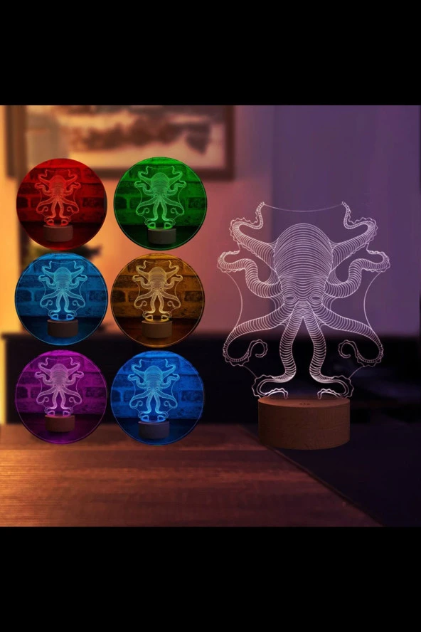 BY-LAMP Ahtapot Led Masa Lambası Ahşap Taban 7 Farklı Işık Renkli - Resim 2