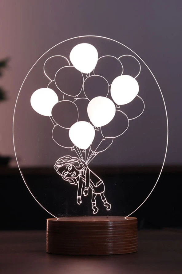 BY-LAMP Balonlu Kız Figürlü Dekoratif Hediye Led Masa Lambası | 7 Işık Rengi | Ahşap Taban