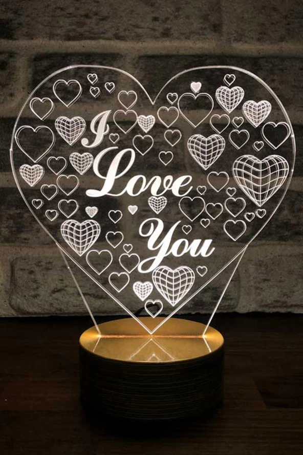 BY-LAMP Kalp I Love You Led Masa Lambası Ahşap Taban 7 Farklı Işık Renkli Gece Lambası Dekoratif Aydınlatma