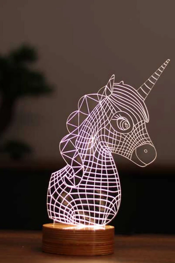 BY-LAMP Unicorn Figürlü Dekoratif Hediye Led Masa Lambası | 7 Işık Rengi | Ahşap Taban ürün görseli 1