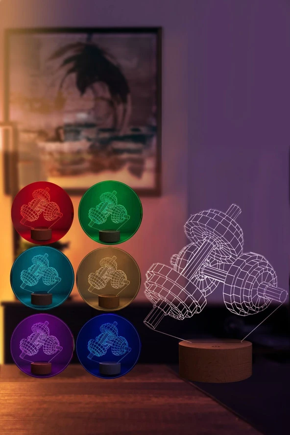 BY-LAMP Dumbell Figürlü Dekoratif Hediye Led Masa Lambası | 7 Işık Rengi | Ahşap Taban - Resim 2