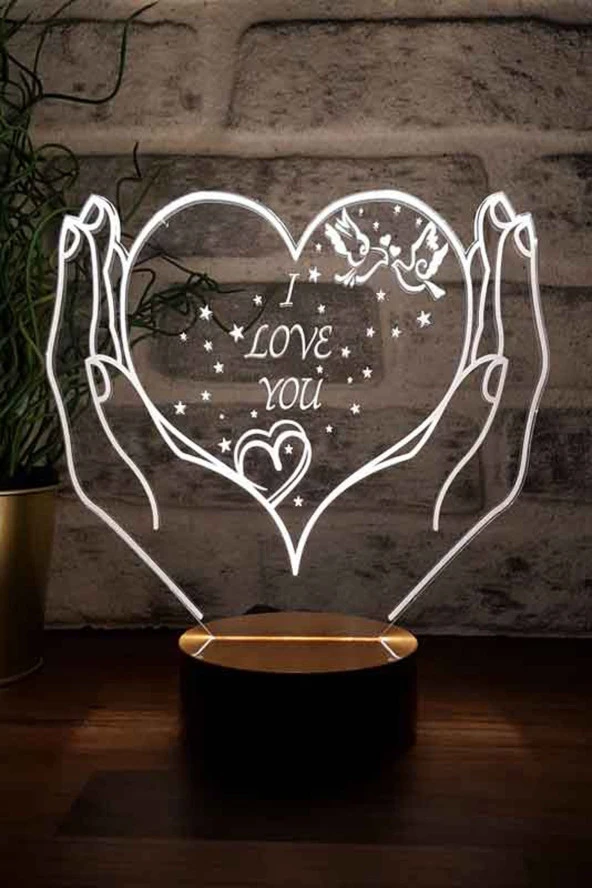 BY-LAMP Kalpli I Love You Figürlü Dekoratif Hediye Led Masa Lambası | 7 Işık Rengi | Ahşap Taban