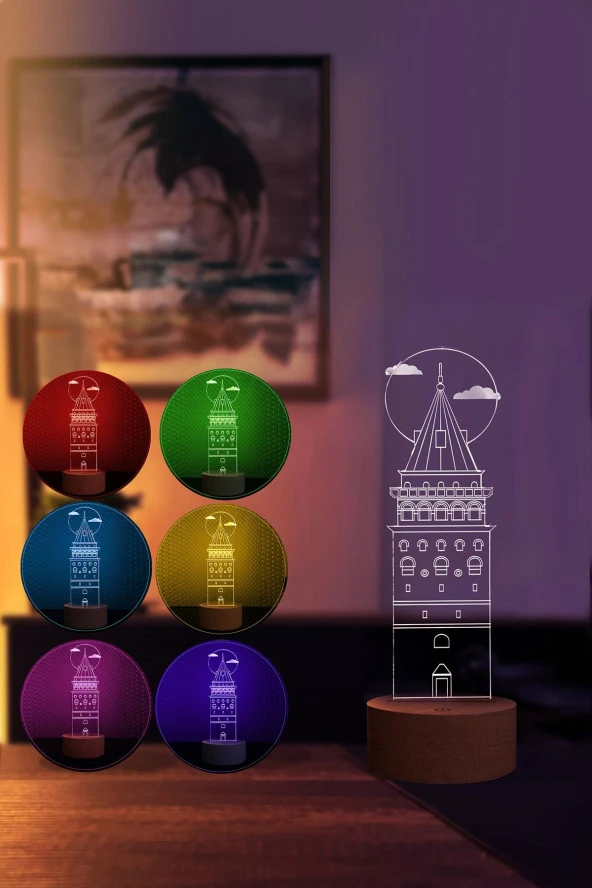 BY-LAMP Galata Kulesi Masa Lambası Ahşap Taban 7 Farklı Işık Renkli Dekoratif Aydınlatma - Resim 2