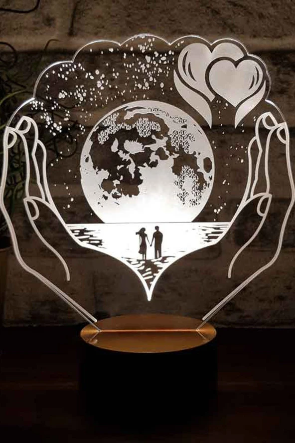 BY-LAMP Aşk Ellerindeki Gezegen Figürlü Dekoratif Hediye Led Masa Lambası | 7 Işık Rengi | Ahşap Taban