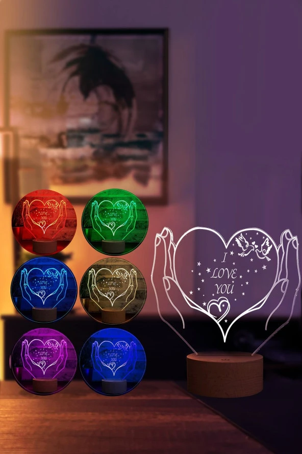 BY-LAMP Kalpli I Love You Figürlü Dekoratif Hediye Led Masa Lambası | 7 Işık Rengi | Ahşap Taban - Resim 2