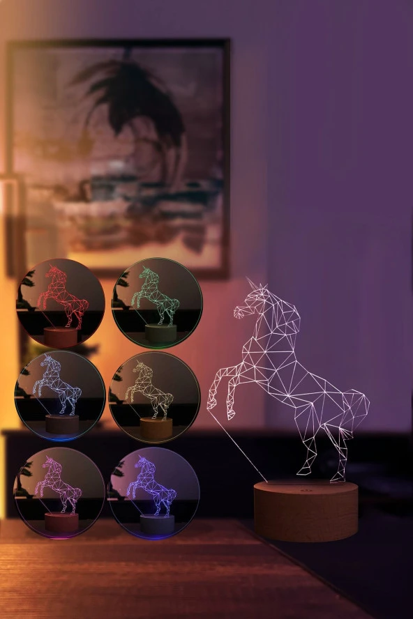 BY-LAMP Unicorn At Figürlü Dekoratif Hediye Led Masa Lambası | 7 Işık Rengi | Ahşap Taban - Resim 2