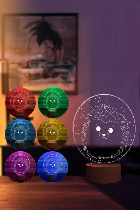 BY-LAMP Kirpi Led Masa Lambası Ahşap Taban 7 Farklı Işık Renkli Gece Lambası Hediye Dekoratif Aydınlatma - Resim 2