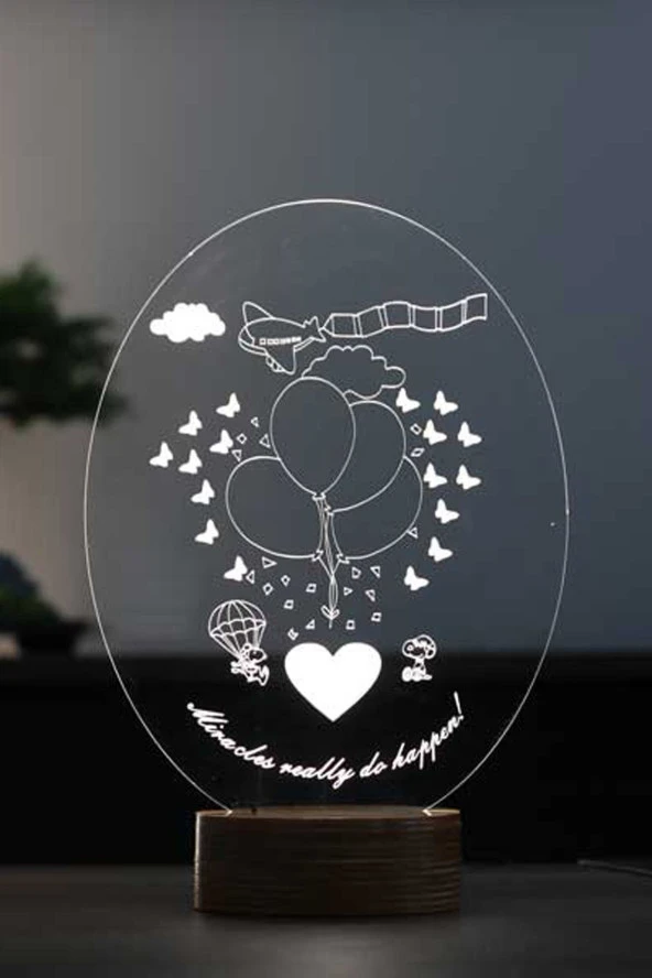BY-LAMP Mutluluk Led Masa Lambası Ahşap Taban 7 Farklı Işık Renkli Gece Lambası Hediye Dekoratif Aydınlatma