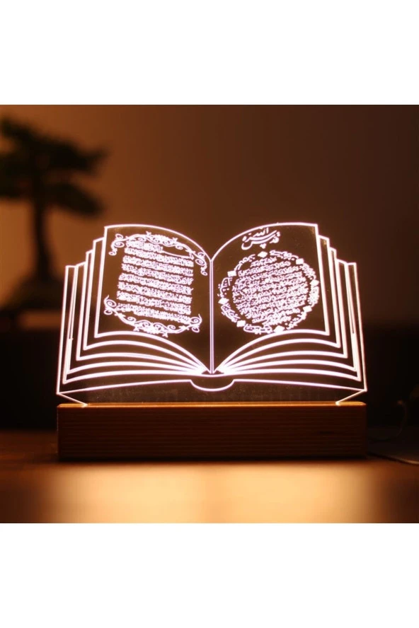BY-LAMP Kuran-ı Kerim Figürlü Dekoratif Hediye Led Masa Lambası | Günışığı Renk | Ahşap Taban