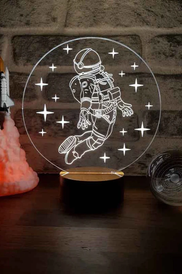 BY-LAMP Astronot Figürlü Dekoratif Hediye Led Masa Lambası | 7 Işık Rengi | Ahşap Taban