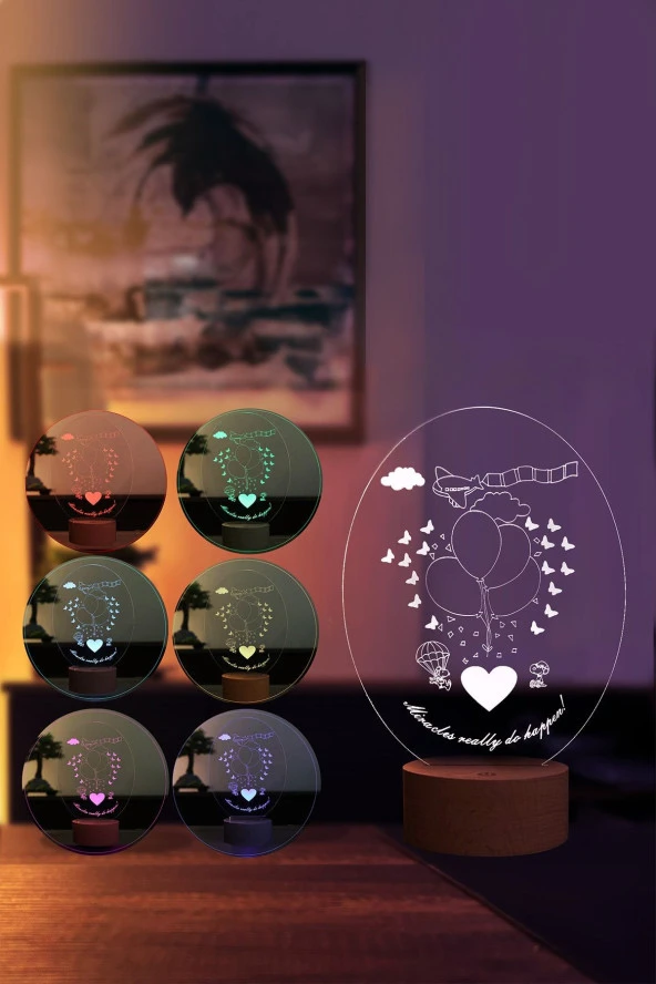 BY-LAMP Mutluluk Led Masa Lambası Ahşap Taban 7 Farklı Işık Renkli Gece Lambası Hediye Dekoratif Aydınlatma - Resim 2