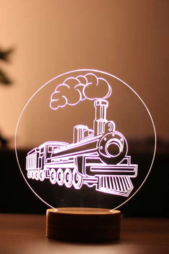 BY-LAMP Tren Figürlü Dekoratif Hediye Led Masa Lambası | 7 Işık Rengi | Ahşap Taban ürün görseli 1