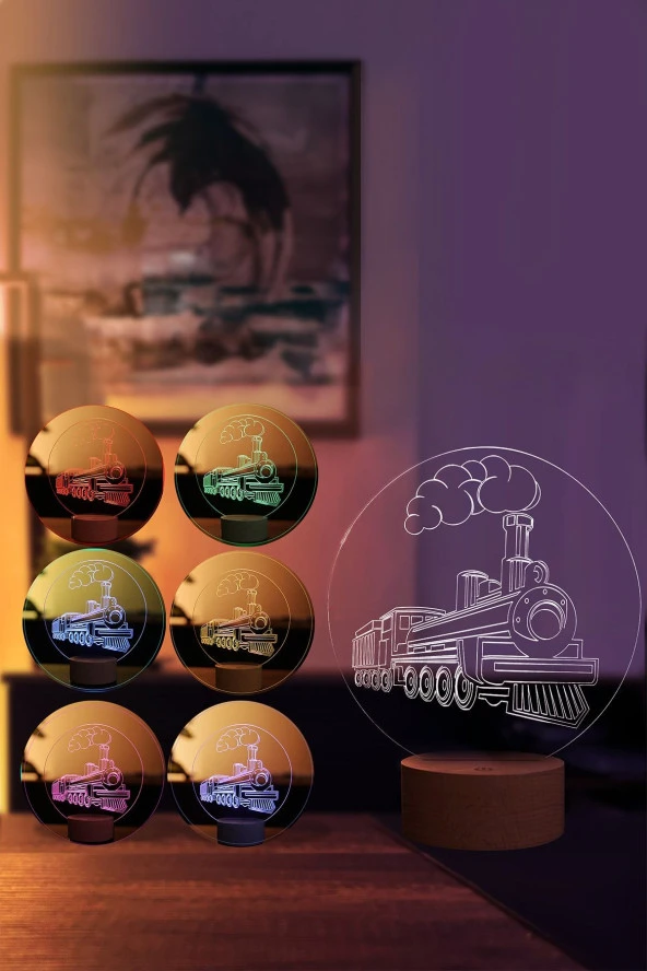 BY-LAMP Tren Figürlü Dekoratif Hediye Led Masa Lambası | 7 Işık Rengi | Ahşap Taban - Resim 2