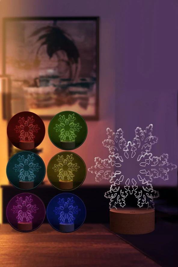 BY-LAMP Kar Tanesi Masa Lambası Ahşap Taban 7 Farklı Işık Renkli Gece Lambası Hediye Dekoratif Aydınlatma - Resim 2