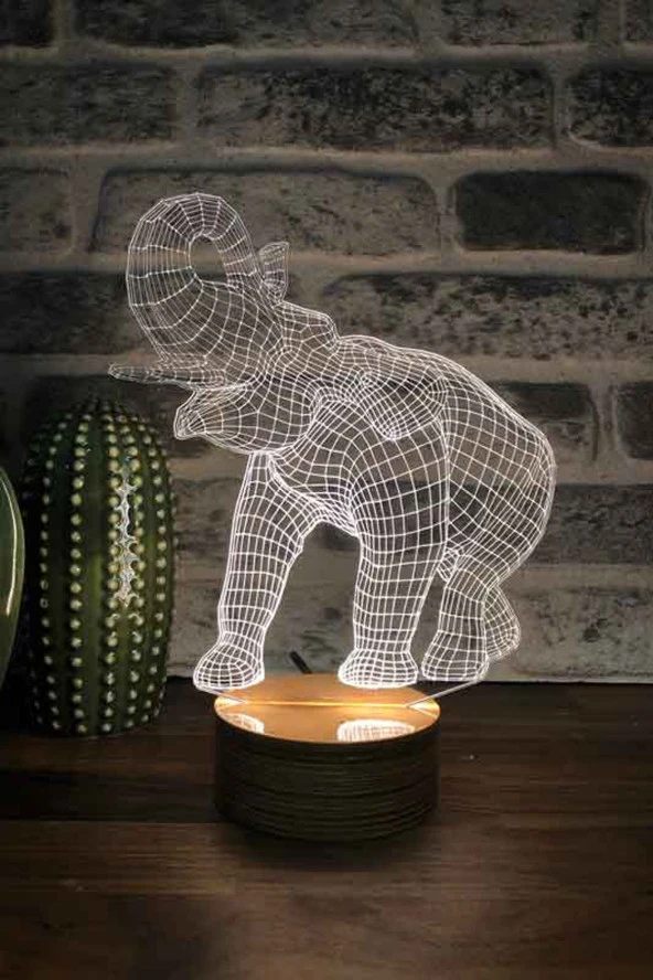 BY-LAMP Fil Figürlü Dekoratif Hediye Led Masa Lambası | 7 Işık Rengi | Ahşap Taban