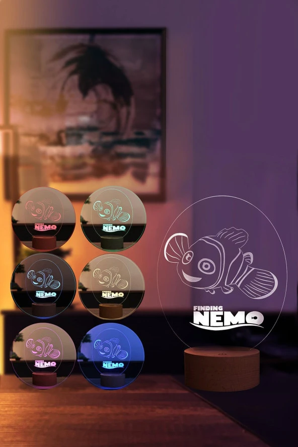 BY-LAMP Kayıp Balık Nemo Figürlü Dekoratif Hediye Led Masa Lambası | 7 Işık Rengi | Ahşap Taban - Resim 2