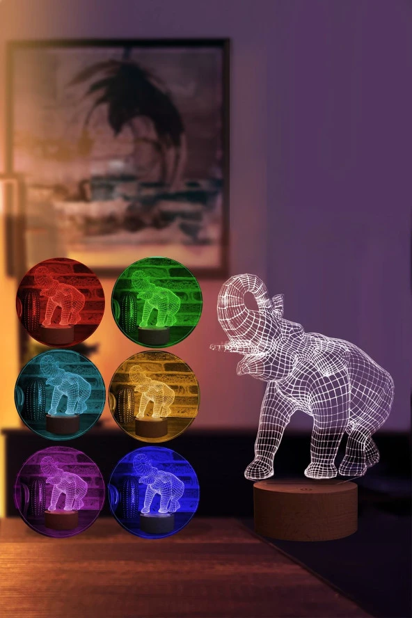 BY-LAMP Fil Figürlü Dekoratif Hediye Led Masa Lambası | 7 Işık Rengi | Ahşap Taban - 2