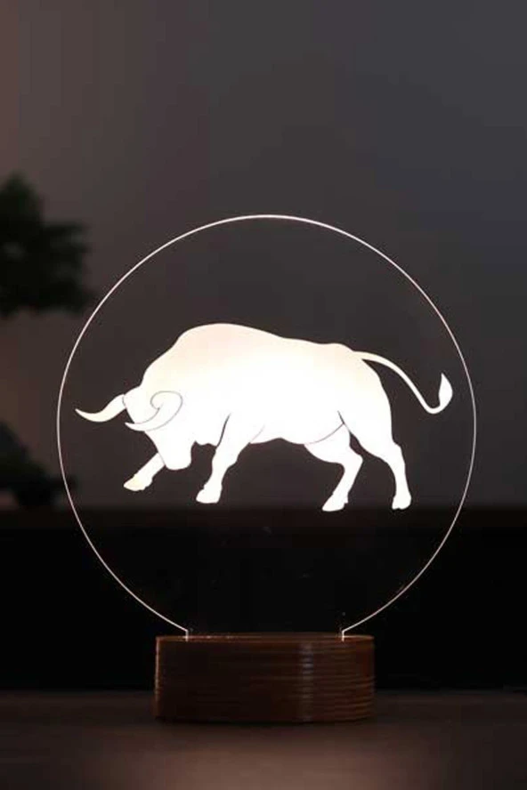 BY-LAMP Boğa Figürlü Dekoratif Hediye Led Masa Lambası | 7 Işık Rengi | Ahşap Taban