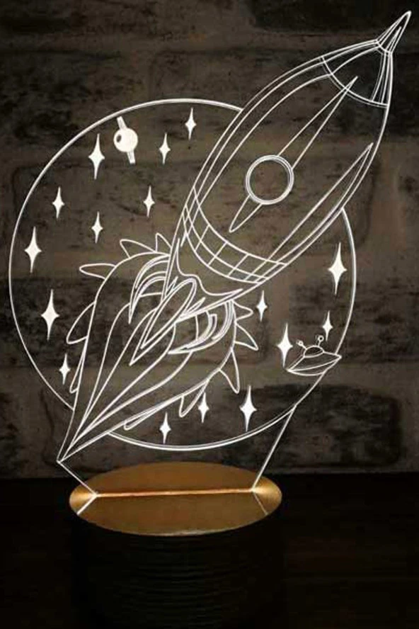 BY-LAMP Roket Figürlü Dekoratif Hediye Led Masa Lambası | 7 Işık Rengi | Ahşap Taban