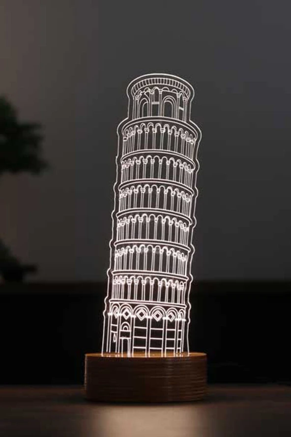 BY-LAMP Pisa Kulesi Figürlü Dekoratif Hediye Led Masa Lambası | 7 Işık Rengi | Ahşap Taban