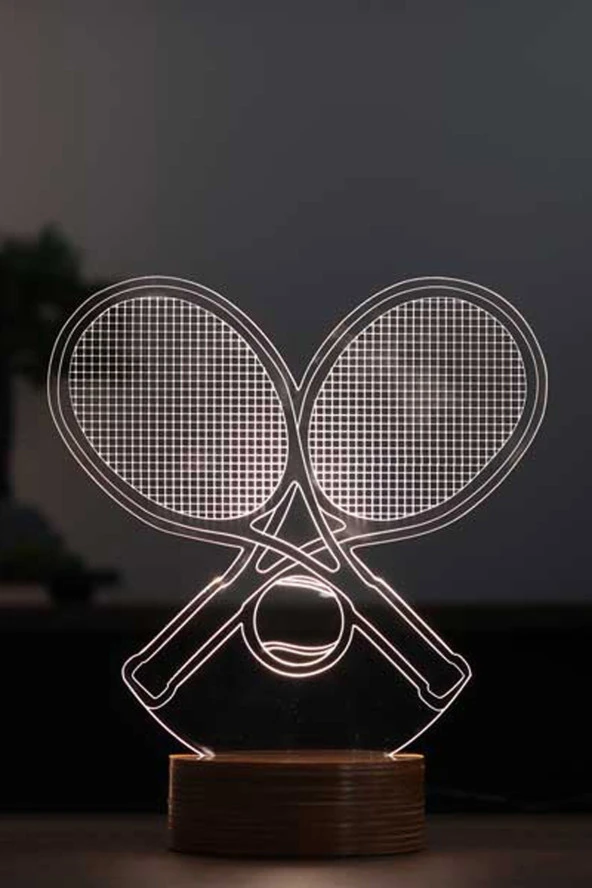 BY-LAMP Tenis Raketi Figürlü Dekoratif Hediye Led Masa Lambası | 7 Işık Rengi | Ahşap Taban