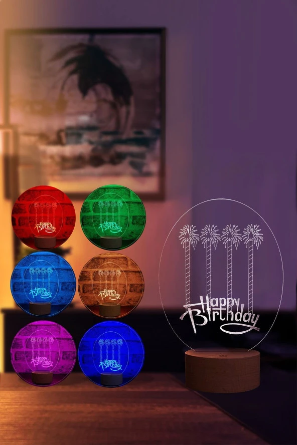 BY-LAMP Doğum Günü Hediyesi. Happy Birthday Figürlü Led Masa Lambası | 7 Işık Rengi | Ahşap Taban - Resim 2