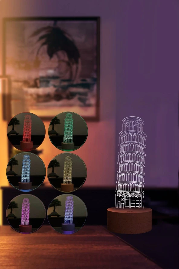 BY-LAMP Pisa Kulesi Figürlü Dekoratif Hediye Led Masa Lambası | 7 Işık Rengi | Ahşap Taban - 2