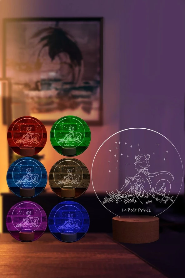 BY-LAMP Küçük Prens Le Petit Prince Figürlü Dekoratif Hediye Led Masa Lambası | 7 Işık Rengi | Ahşap Taban - Resim 2