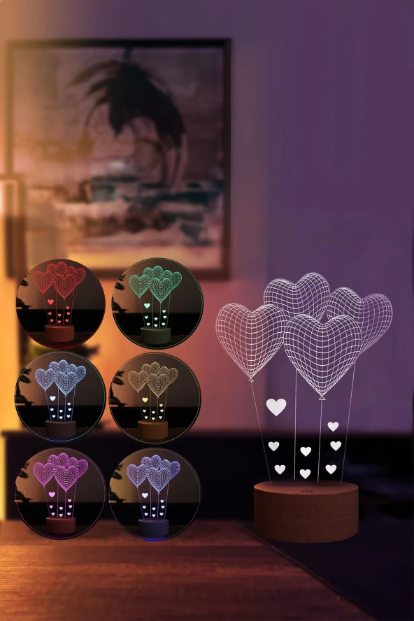 BY-LAMP Küçük Kalp Balon Led Masa Lambası Ahşap Taban 7 Farklı Işık Renkli Gece Lambası Dekoratif Aydınlatma - Resim 2