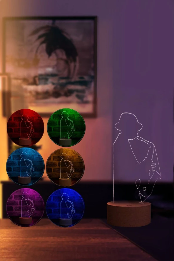 BY-LAMP Müzisyen Figürlü Dekoratif Hediye Led Masa Lambası | 7 Işık Rengi | Ahşap Taban - Resim 2