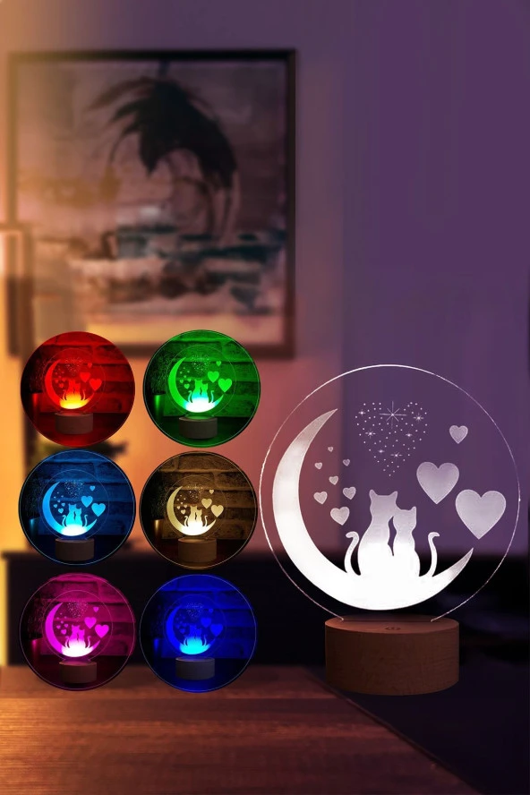 BY-LAMP Kediler Ve Aşk Gece Masa Lambası Ahşap Taban 7 Farklı Işık Renkli Gece Lambası Dekoratif Aydınlatma - Resim 2
