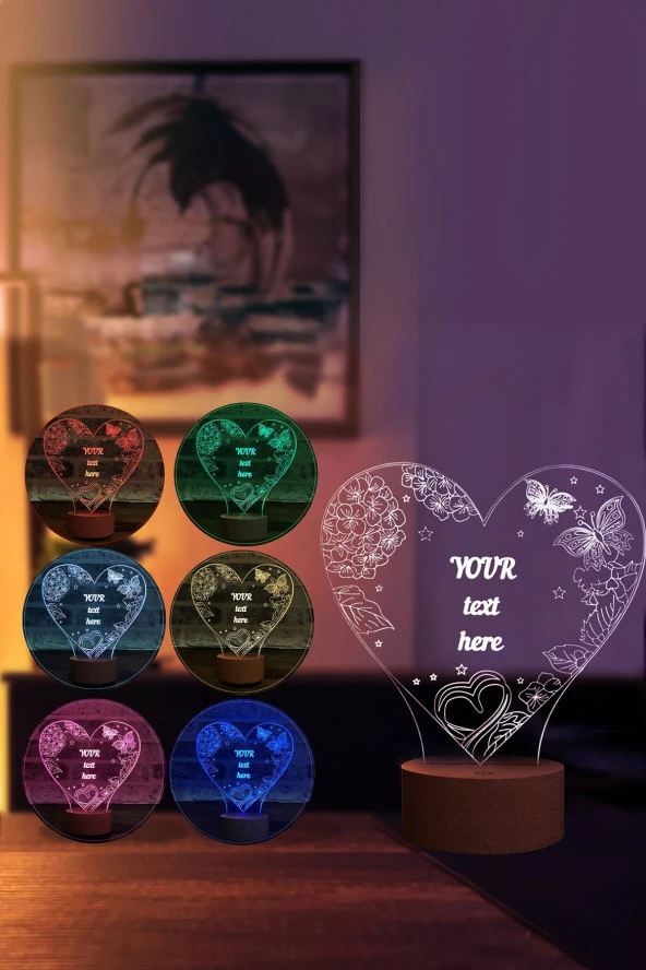 BY-LAMP Çiçekler Ve Kelebekler Figürlü Dekoratif Hediye Led Masa Lambası | 7 Işık Rengi | Ahşap Taban - Resim 2