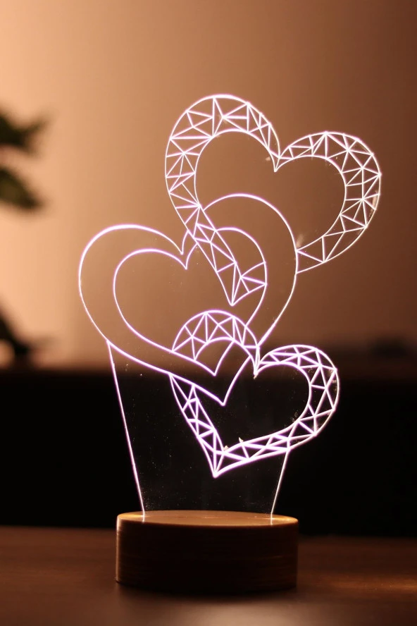 BY-LAMP Üç Kalp Figürlü Dekoratif Hediye Led Masa Lambası | 7 Işık Rengi | Ahşap Taban