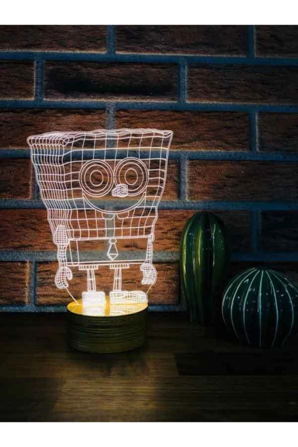 BY-LAMP Sünger Bob Figürlü Dekoratif Hediye Led Masa Lambası | 7 Işık Rengi | Ahşap Taban