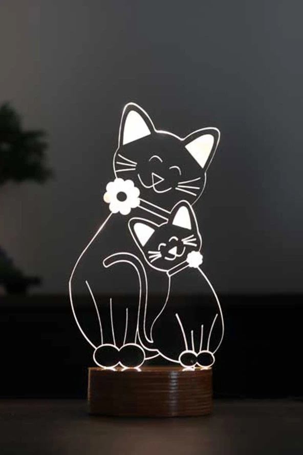 BY-LAMP Kedi Ailesi Led Masa Lambası Ahşap Taban 7 Farklı Işık Renkli Hediye Dekoratif Aydınlatma