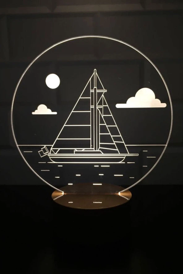 BY-LAMP Yelkenli Bulut Figürlü Dekoratif Hediye Led Masa Lambası | 7 Işık Rengi | Ahşap Taban