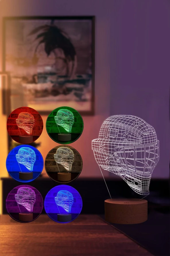 BY-LAMP Buz Hokeyi Kaskı Figürlü Dekoratif Hediye Led Masa Lambası | 7 Işık Rengi | Ahşap Taban - Resim 2