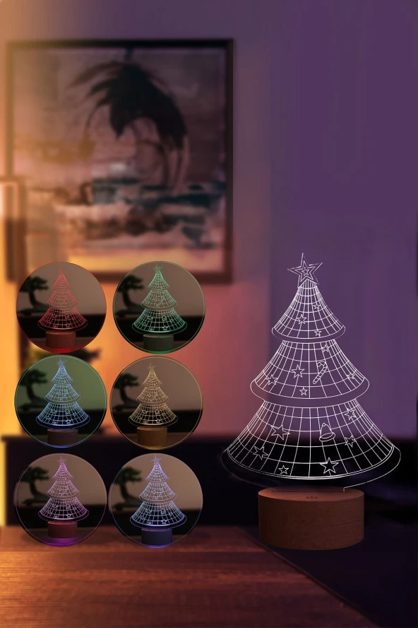 BY-LAMP Yılbaşı Ağacı Figürlü New Year Yeni Yıl Hediyesi Led Masa Lambası | 7 Işık Rengi | Ahşap Taban - Resim 2