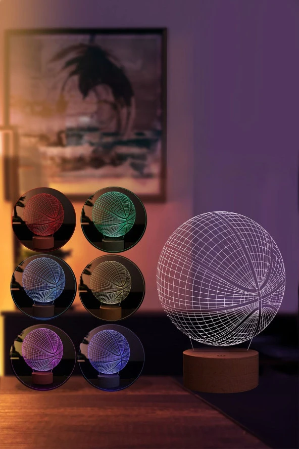 BY-LAMP Basketbol Topu Figürlü Dekoratif Hediye Led Masa Lambası | 7 Işık Rengi | Ahşap Taban - Resim 2