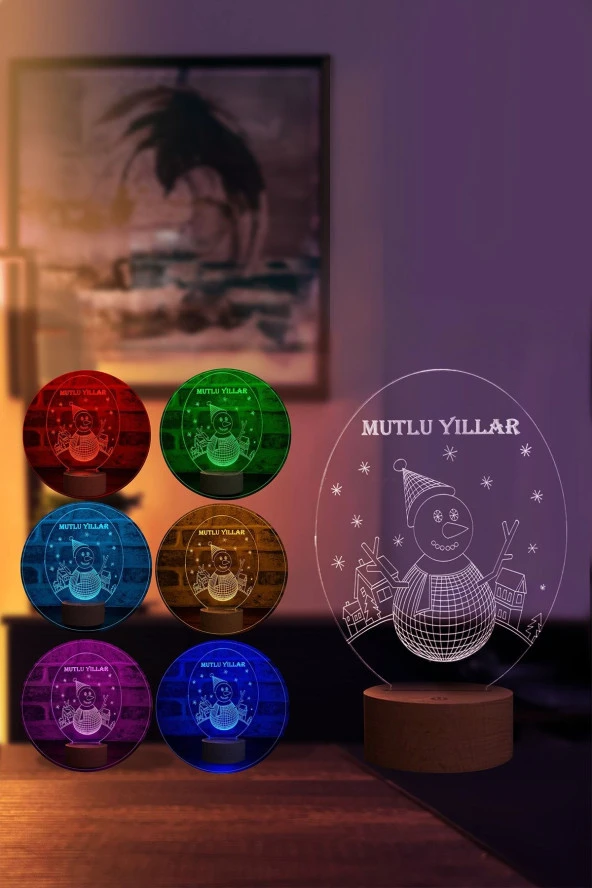 BY-LAMP Mutlu Yıllar Led Masa Lambası Ahşap Taban 7 Farklı Işık Renkli Gece Lambası Dekoratif Aydınlatma - Resim 2