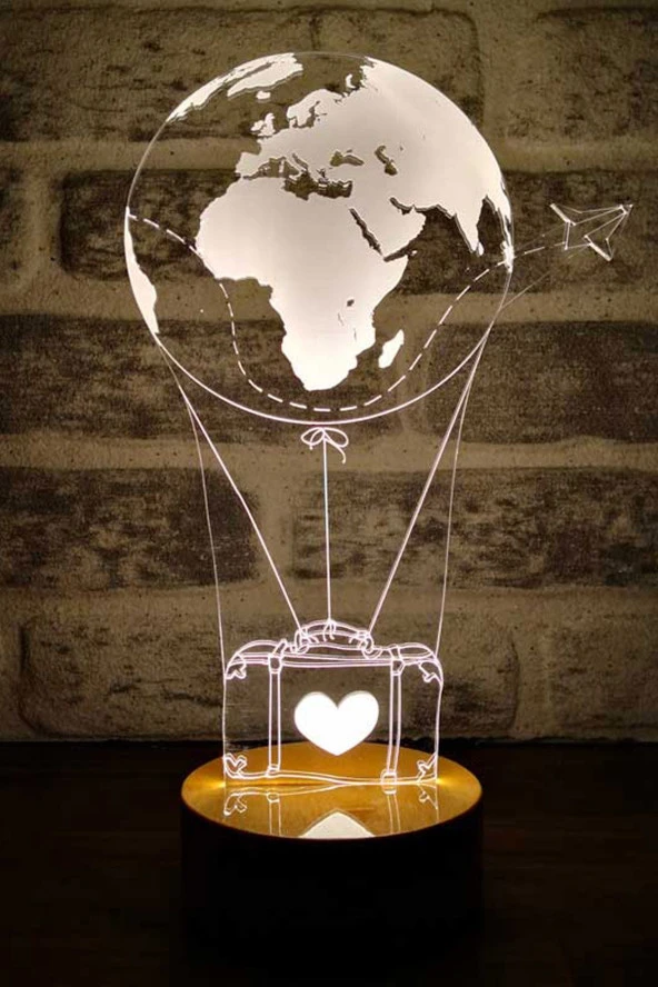 BY-LAMP Seyahat Balonu Figürlü Dekoratif Hediye Led Masa Lambası | 7 Işık Rengi | Ahşap Taban